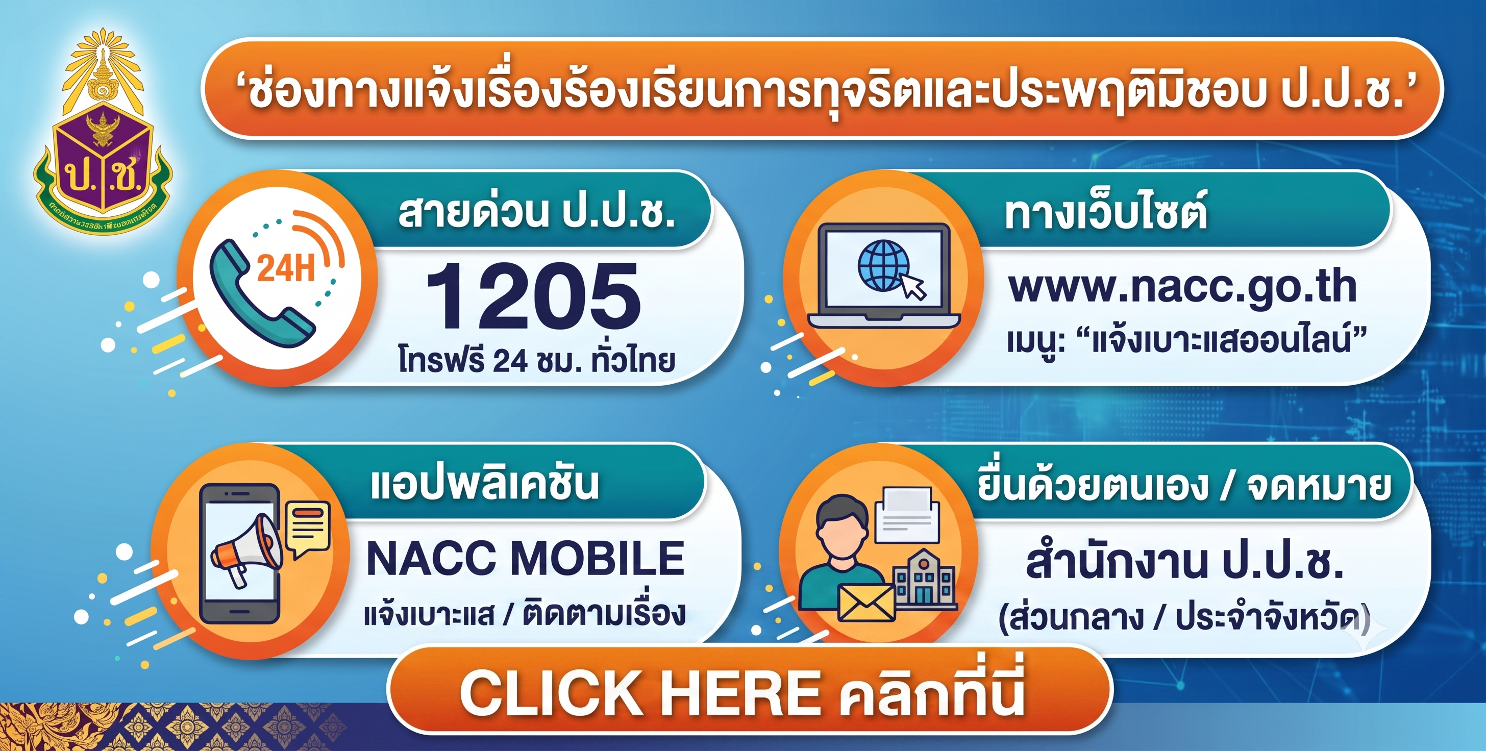 ช่องทางการแจ้งเรื่องร้อนเรียนทุจริตและประพฤติมิชอบ ป.ป.ช